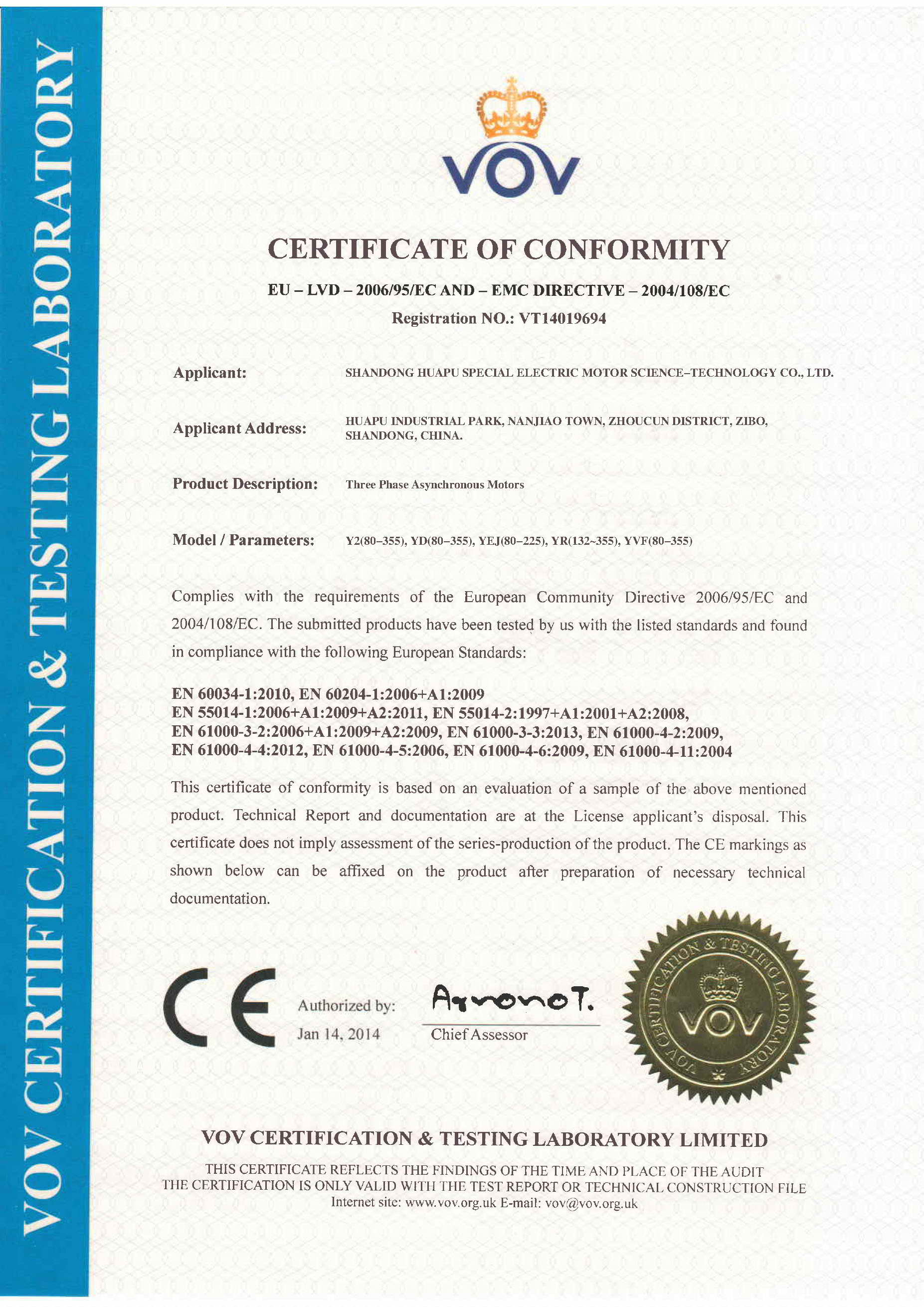 LV Motor CE Certificate